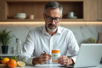Nutritionniste examine un sachet Nourix dans une cuisine moderne