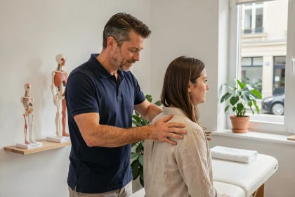 Ostéopathe masculin réalisant un bilan postural sur une patiente dans un cabinet moderne en 2026
