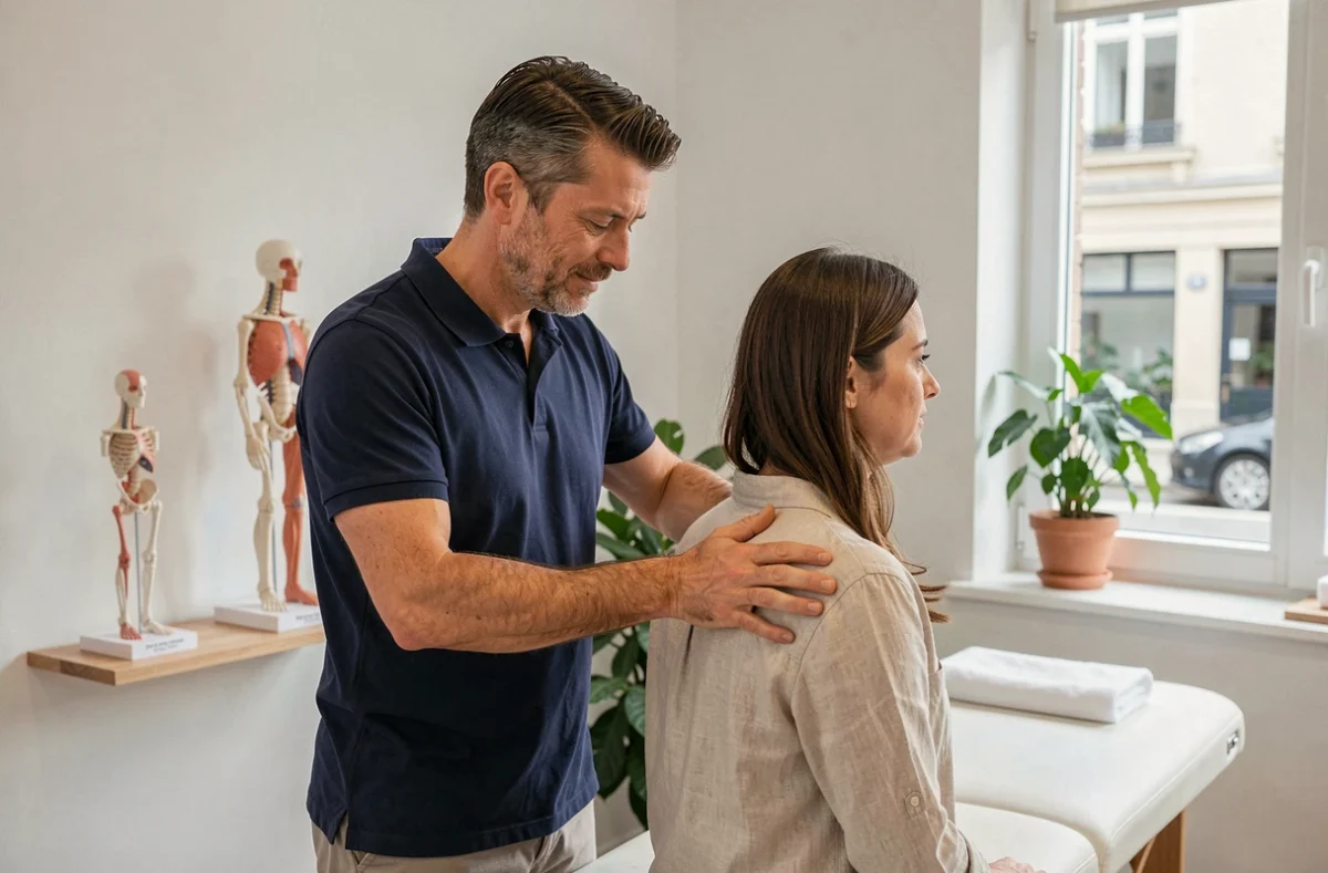 Ostéopathe masculin réalisant un bilan postural sur une patiente dans un cabinet moderne en 2026