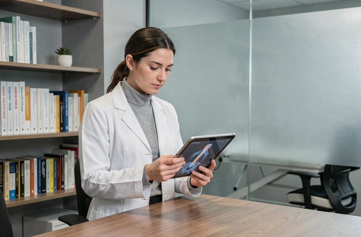 Ostéopathe femme consultant un outil numérique 3D pour le suivi patient dans un cabinet contemporain