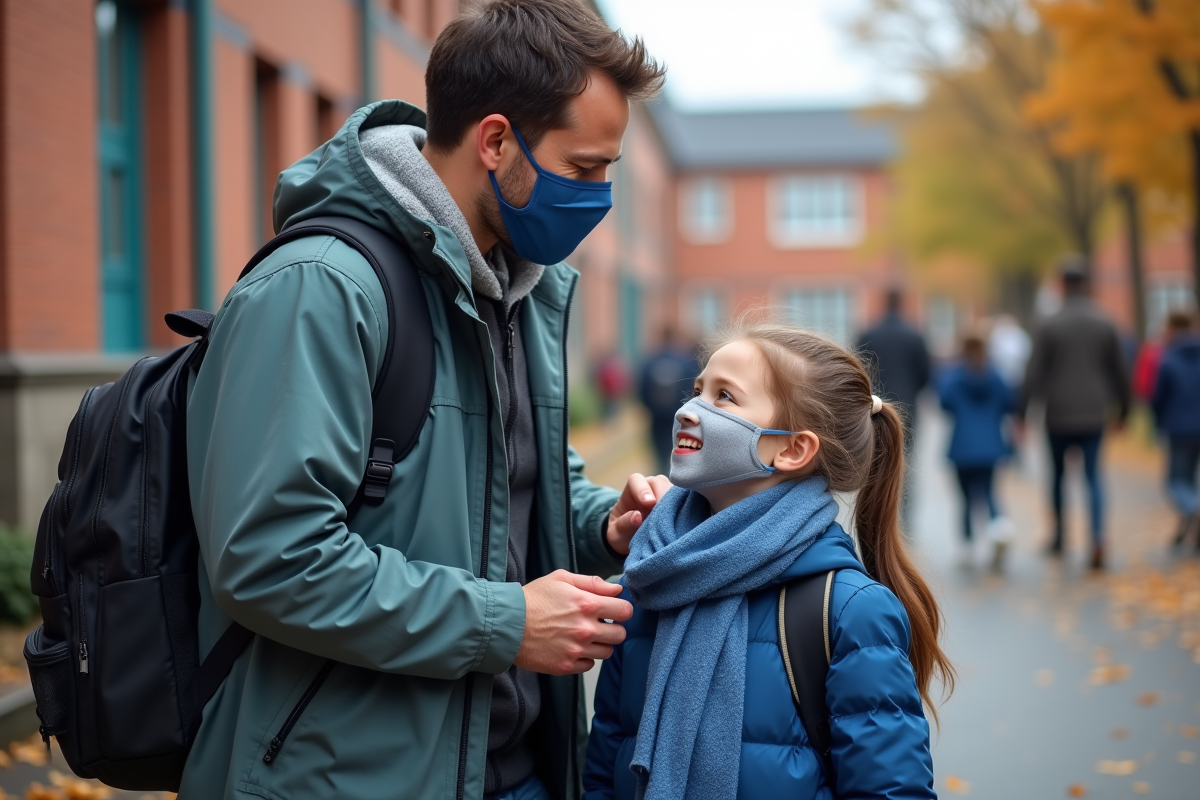 Pere et fille masques en extérieur devant l école