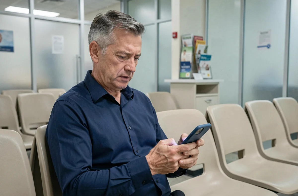 Patient consultant son portail médical sur smartphone dans une salle d'attente avant un examen de santé