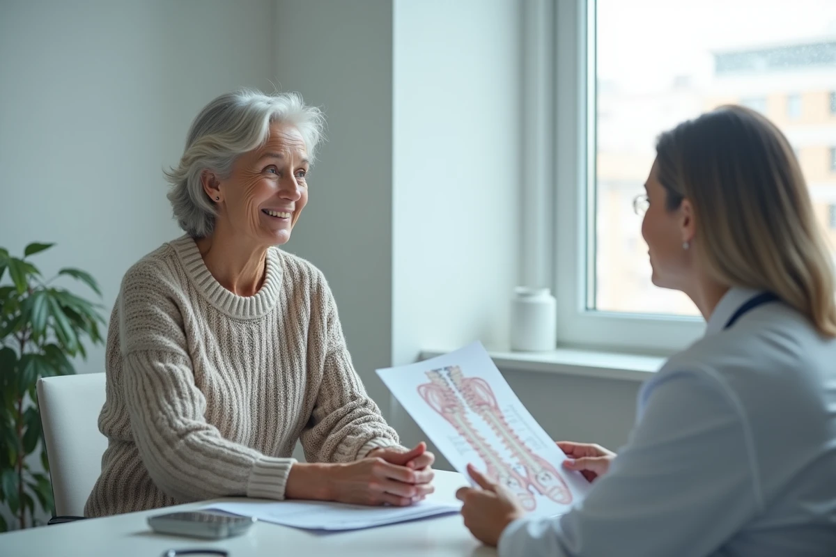Patiente en consultation de neurochirurgie mini-invasive discutant des alternatives à l'opération avec son médecin