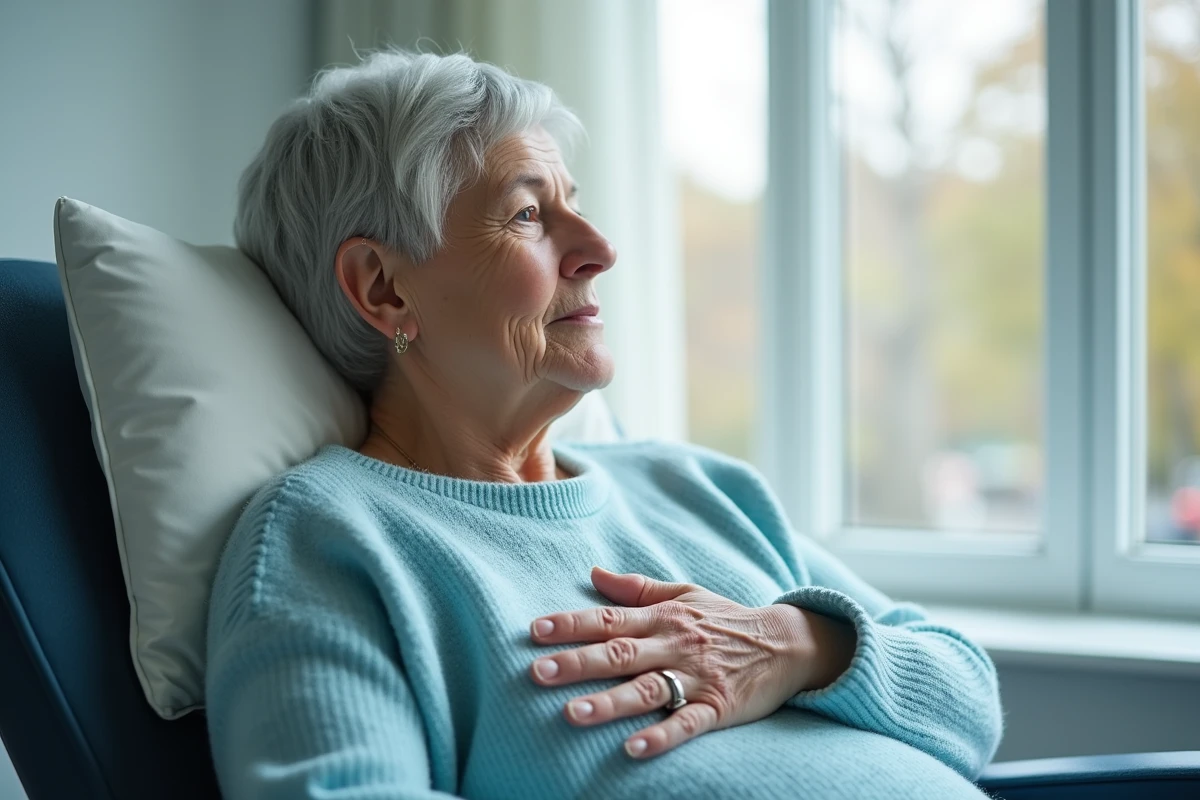 Femme âgée après implantation d'un défibrillateur cardiaque ou pacemaker, assise dans une chambre d'hôpital lumineuse avec une expression sereine