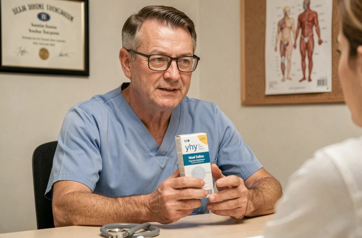 Pédiatre en consultation examinant l'emballage d'un sérum physiologique nasal dans son cabinet médical