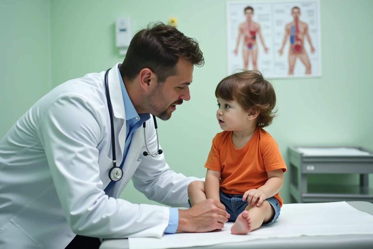 Pédiatre en consultation examinant un jeune enfant assis sur une table d'examen médicale