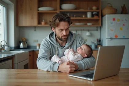 P&egrave;re fatigu&eacute; tenant un b&eacute;b&eacute; endormi dans ses bras