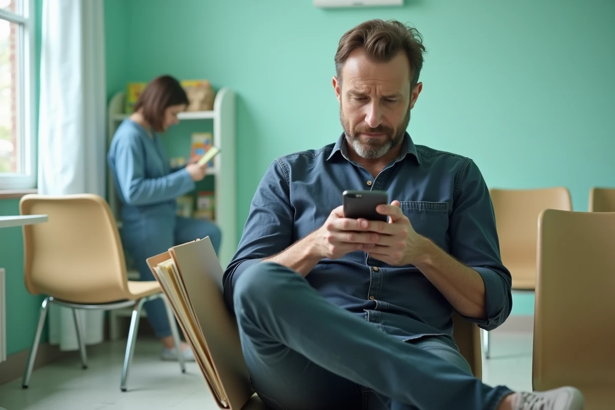 Père dans une salle d'attente de clinique pédiatrique consultant son téléphone avant un bilan en ergothérapie