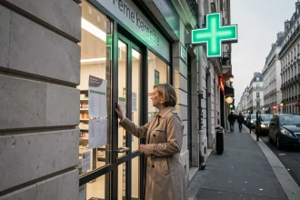 Femme lisant les horaires d'une pharmacie de garde en Oise devant une croix verte illuminée