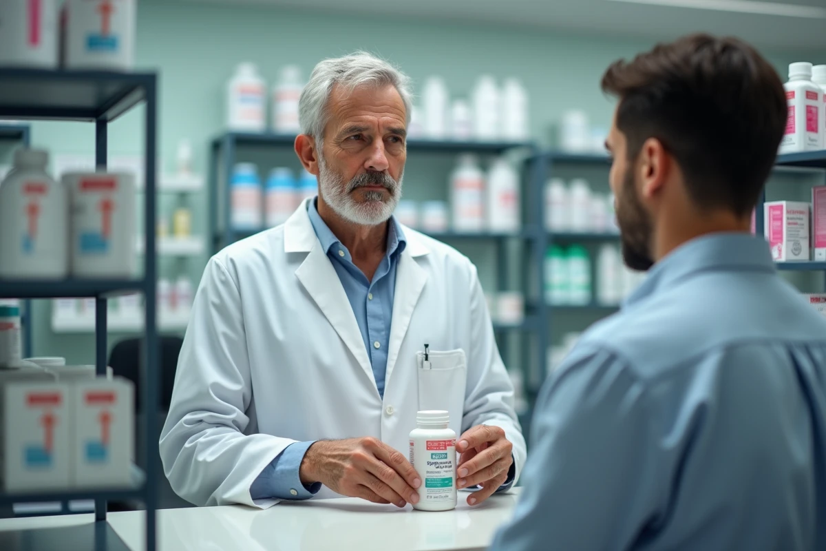 Pharmacien conseillant un jeune adulte en pharmacie