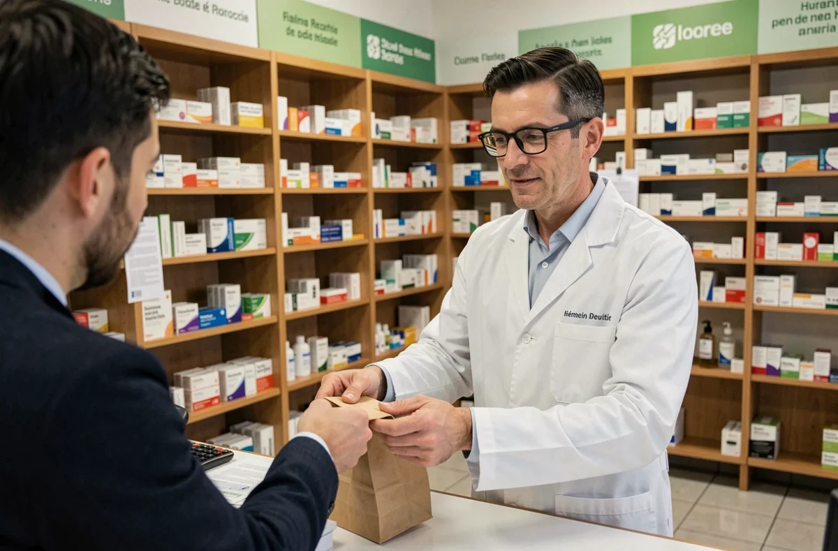 Pharmacien de garde en Oise remettant une ordonnance à un client au comptoir d'une pharmacie