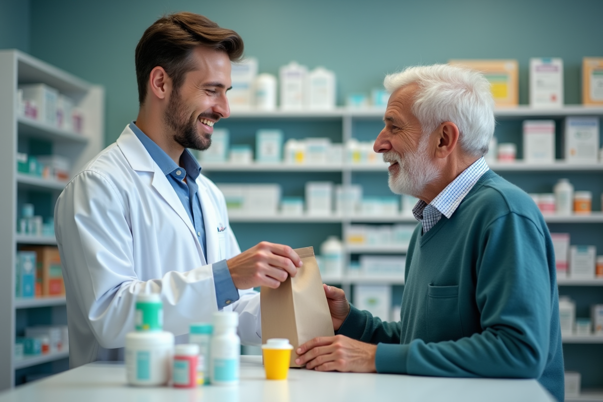 Pharmacien remettant une ordonnance à un client âgé
