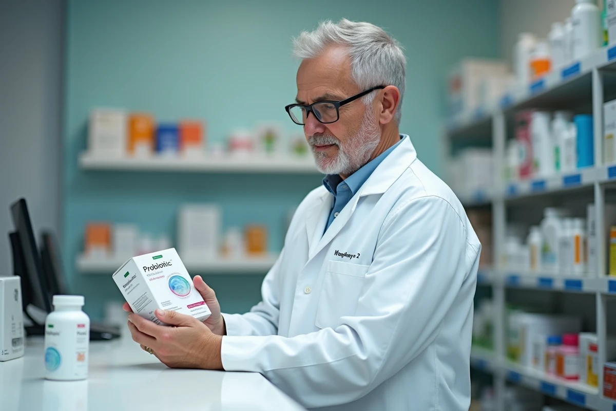Pharmacien analysant une boîte de probiotiques en officine pour conseiller sur la constipation chronique tenace
