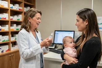Pharmacienne expliquant l'utilisation du sérum physiologique à une jeune maman tenant un nourrisson dans une pharmacie moderne