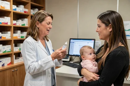 Pharmacienne expliquant l'utilisation du sérum physiologique à une jeune maman tenant un nourrisson dans une pharmacie moderne