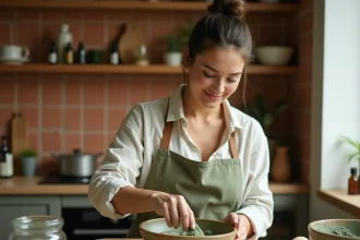 Femme préparant un emplâtre d'argile verte maison dans un bol en céramique sur un plan de travail en bois naturel