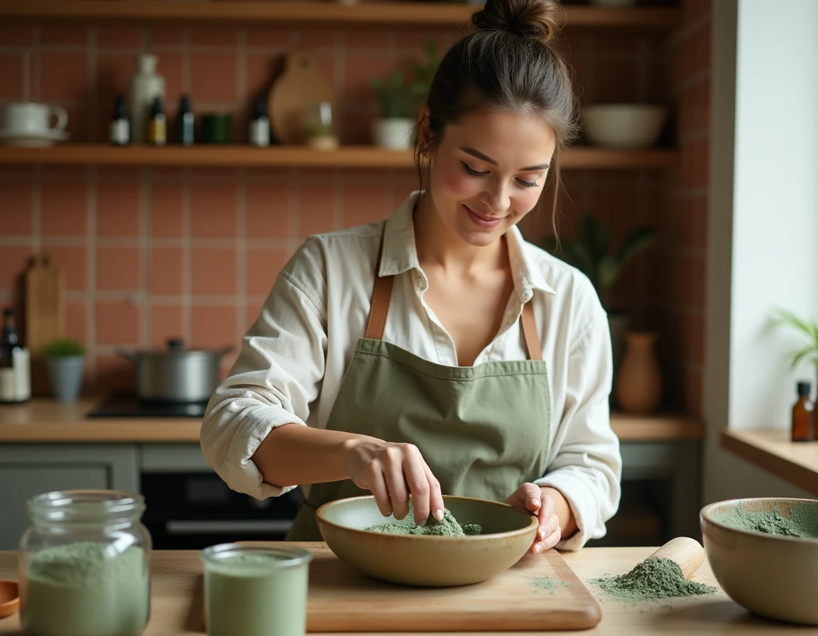 Femme préparant un emplâtre d'argile verte maison dans un bol en céramique sur un plan de travail en bois naturel