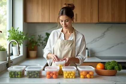 Femme préparant ses menus de régime pour la semaine avec des boîtes repas colorées sur un plan de travail en marbre