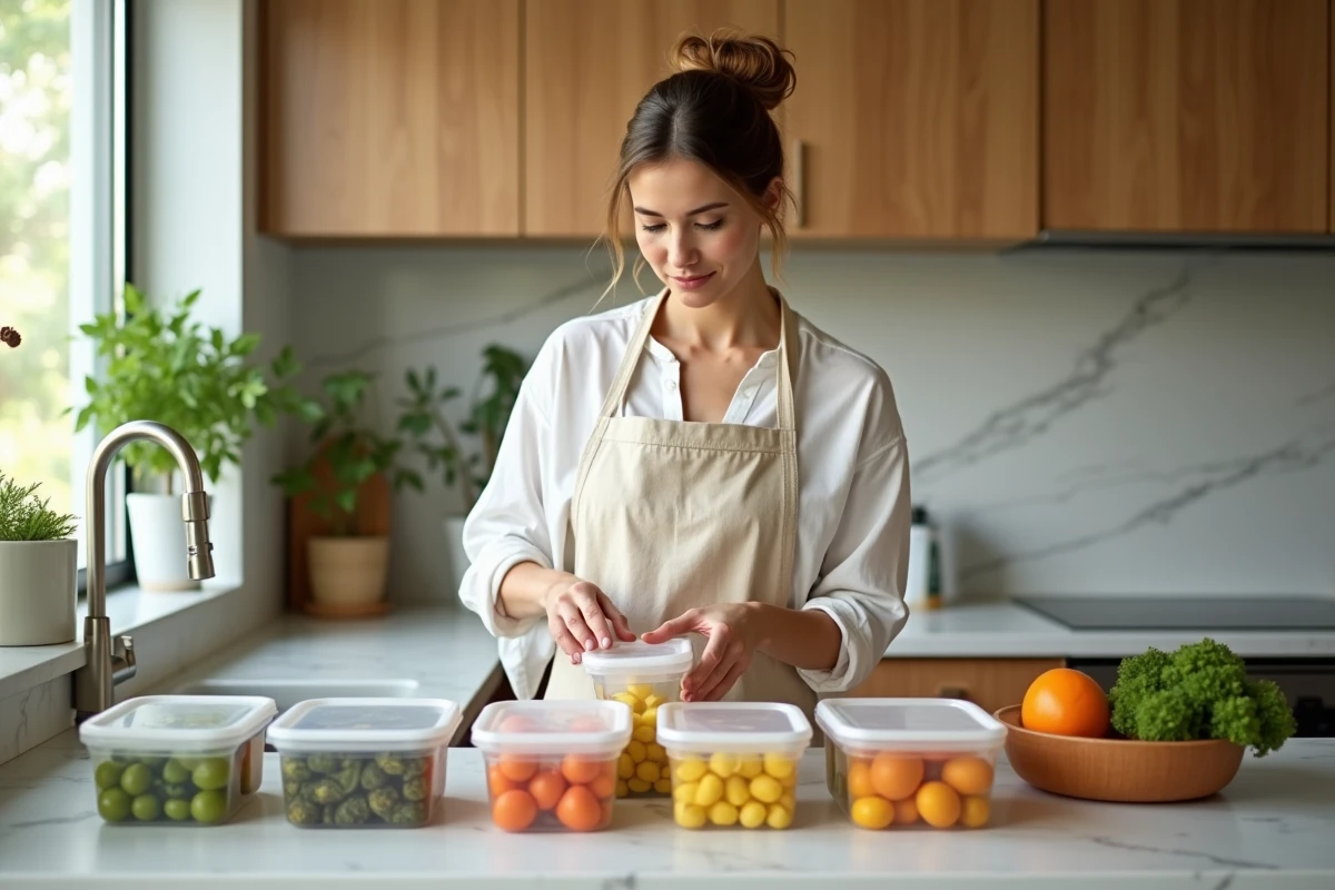 Femme préparant ses menus de régime pour la semaine avec des boîtes repas colorées sur un plan de travail en marbre