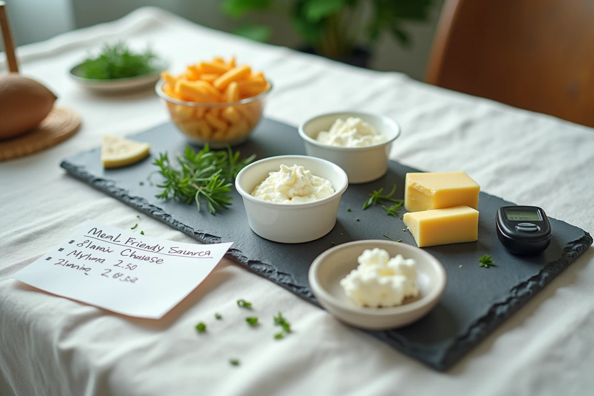 Préparation de repas avec fromages sûrs pour diabétiques, plan nutritionnel et glucomètre