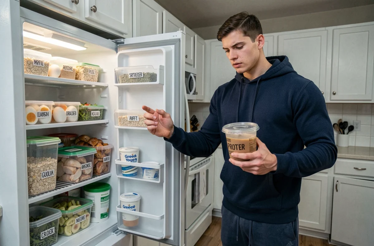 Débutant en musculation de 70 kg organisant ses repas de prise de masse dans un réfrigérateur bien préparé avec des contenants alimentaires