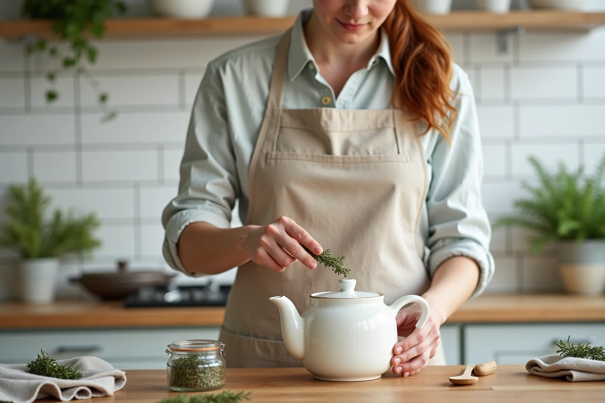 Femme préparant une tisane de thym bio dans une théière en céramique dans une cuisine naturelle