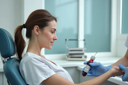 Prise de sang dans un laboratoire médical pour analyser le taux de gamma glutamyl transferase (GGT) dans le sang