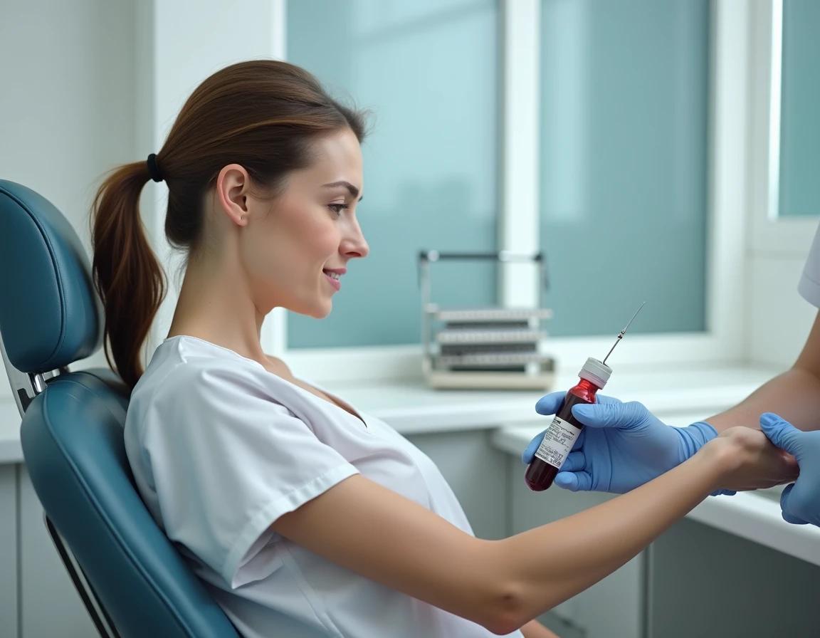 Prise de sang dans un laboratoire médical pour analyser le taux de gamma glutamyl transferase (GGT) dans le sang