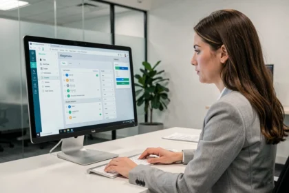 Femme professionnelle de santé configurant le logiciel d.netsoins sur un écran de bureau dans un cabinet médical moderne