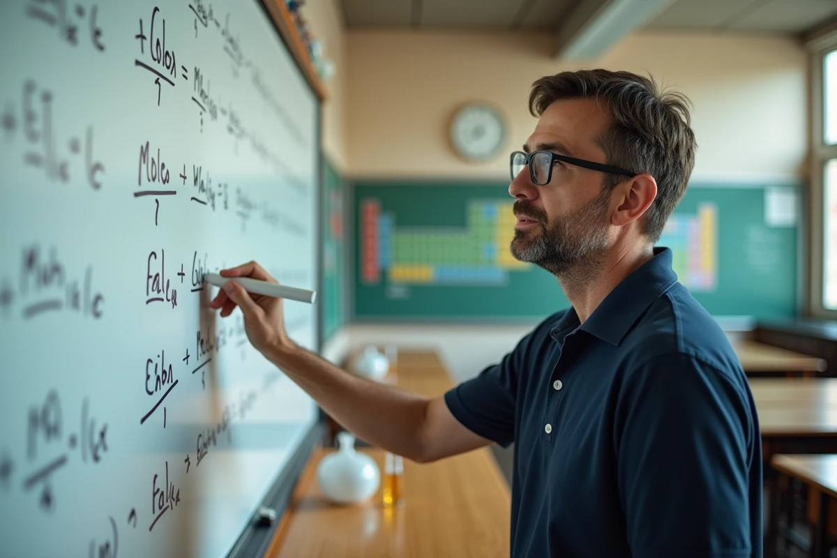 Professeur de chimie expliquant les formules de calcul de concentration devant un tableau blanc en classe