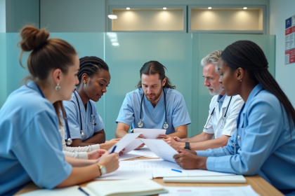 Groupe de professionnels de santé en réunion dans un bureau moderne