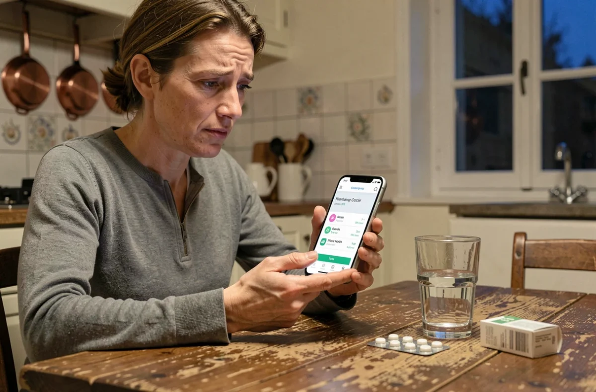Personne cherchant une pharmacie de garde dans l'Oise sur son smartphone depuis chez elle le soir
