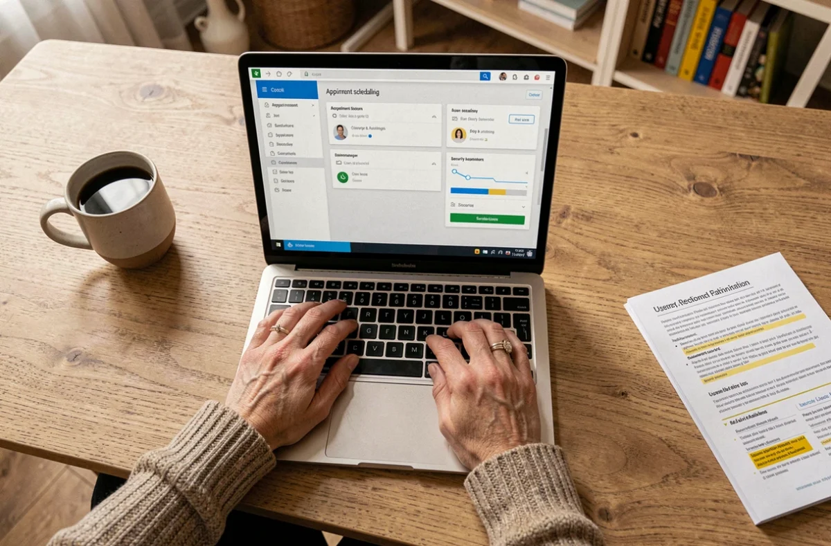 Vue en plongée des mains d'une utilisatrice paramétrant le logiciel d.netsoins sur un ordinateur portable dans un bureau à domicile