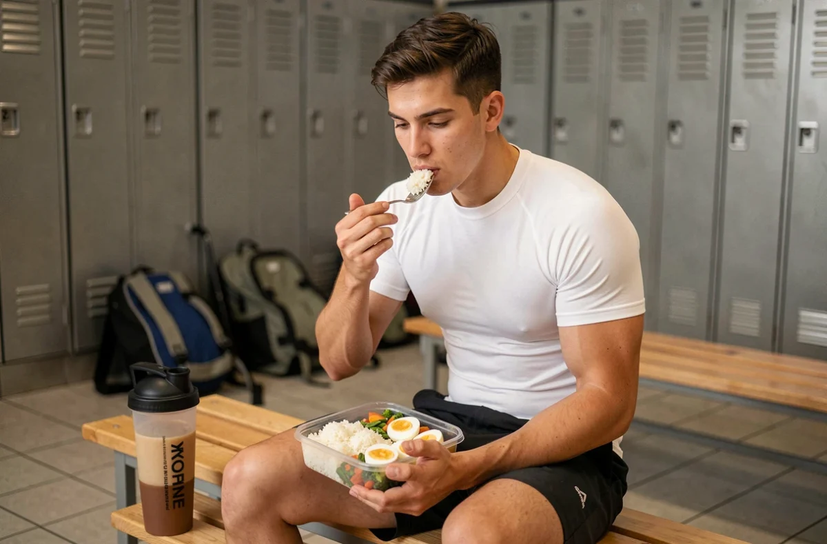 Jeune homme de 70 kg mangeant son repas post-entraînement de prise de masse dans un vestiaire de salle de sport avec shaker protéiné