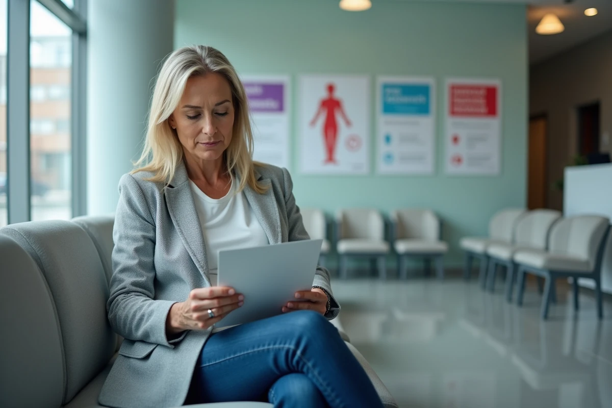 Femme dans une salle d'attente d'hôpital consultant une brochure sur le dépistage du cancer du col de l'utérus