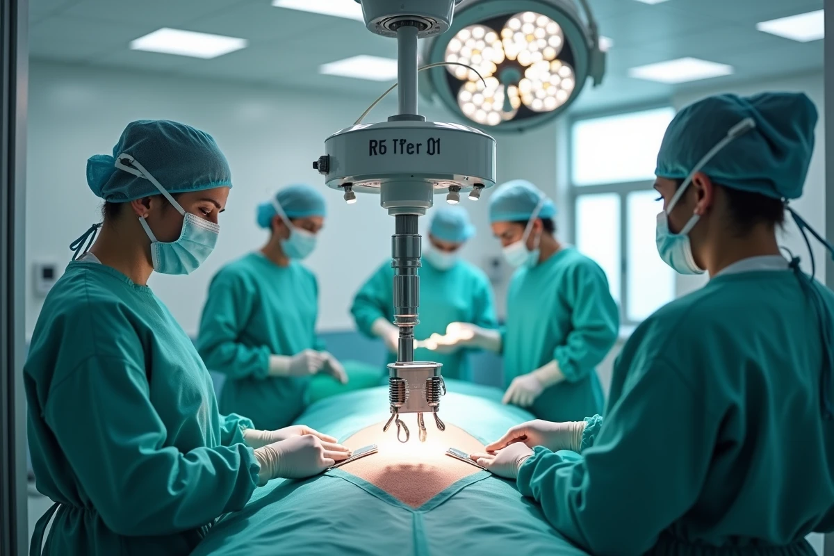 Salle d'opération de neurochirurgie mini-invasive équipée de matériel robotique chirurgical avancé au CHU de Tours