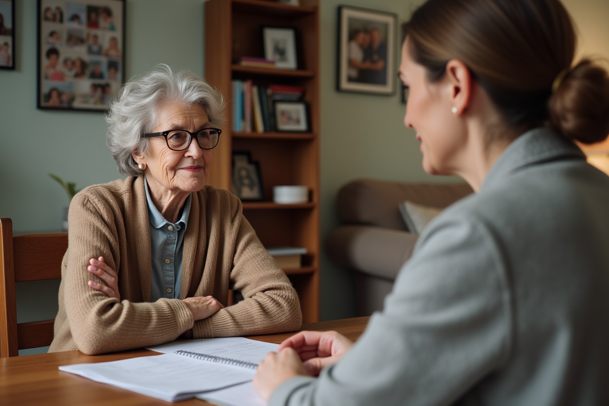 Femme senior en discussion avec une assistante sociale dans un salon chaleureux