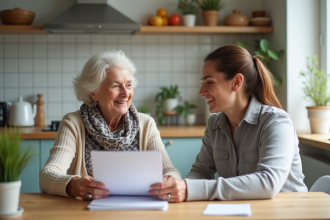 Femme senior souriante lisant un dossier dans la cuisine