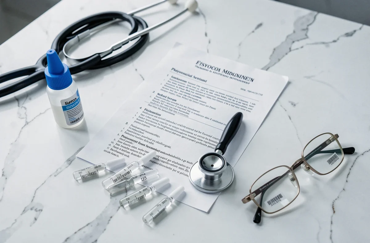 Vue de dessus d'un bureau médical avec des ampoules de sérum physiologique, une ordonnance et un stéthoscope sur marbre blanc