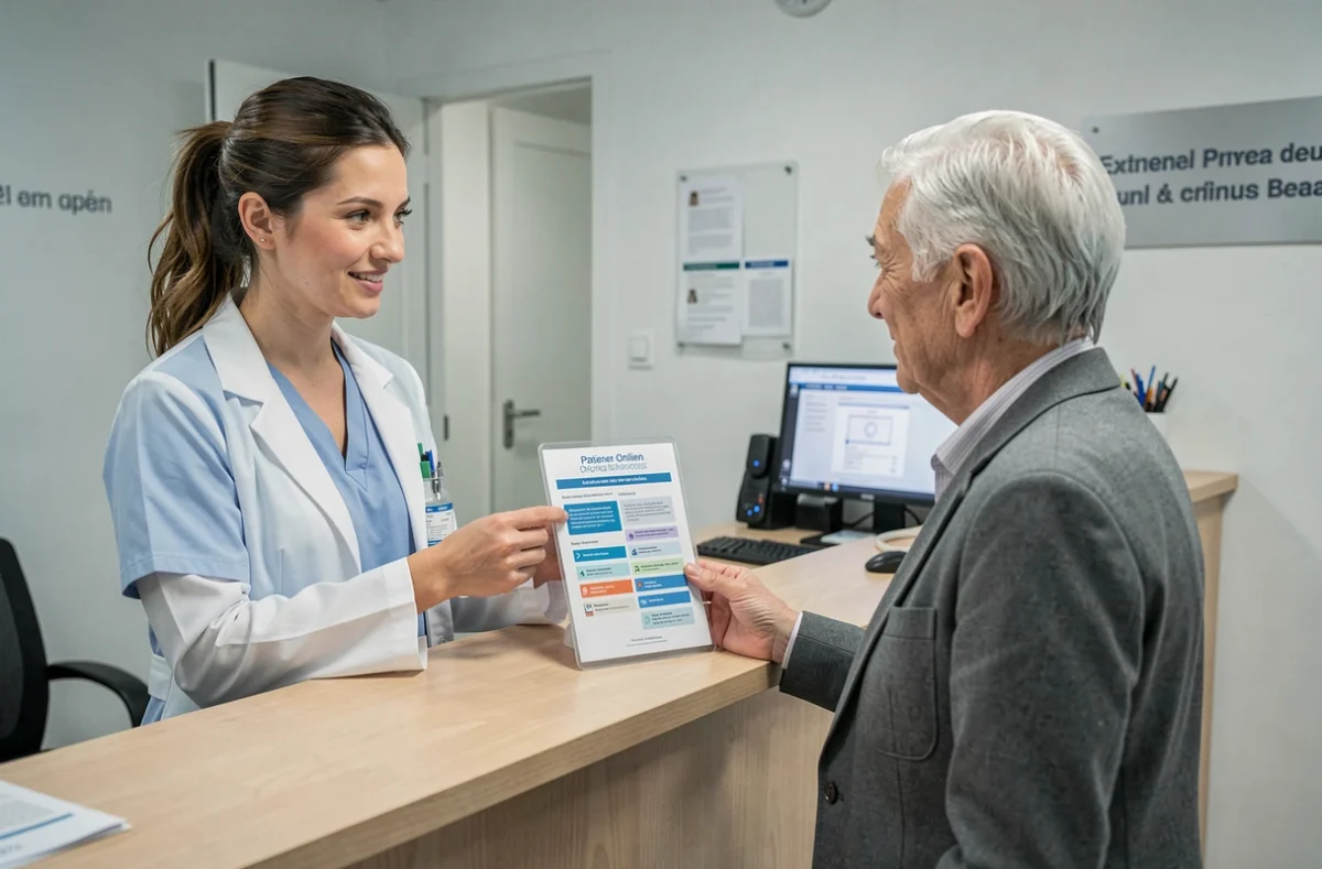 Soignante expliquant le guide pratique du portail patient en ligne à un patient à l'accueil médical