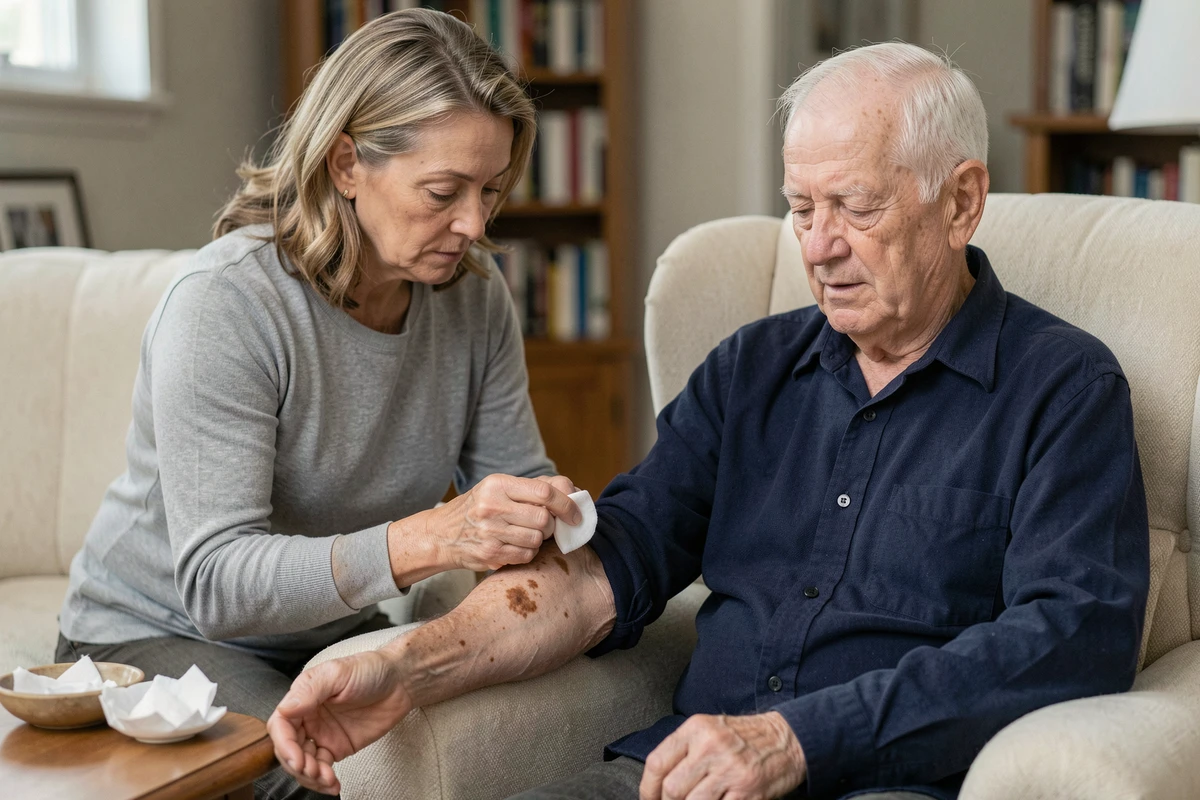 Aidante appliquant un remède naturel sur une verrue séborrhéique du bras d'un homme âgé à domicile