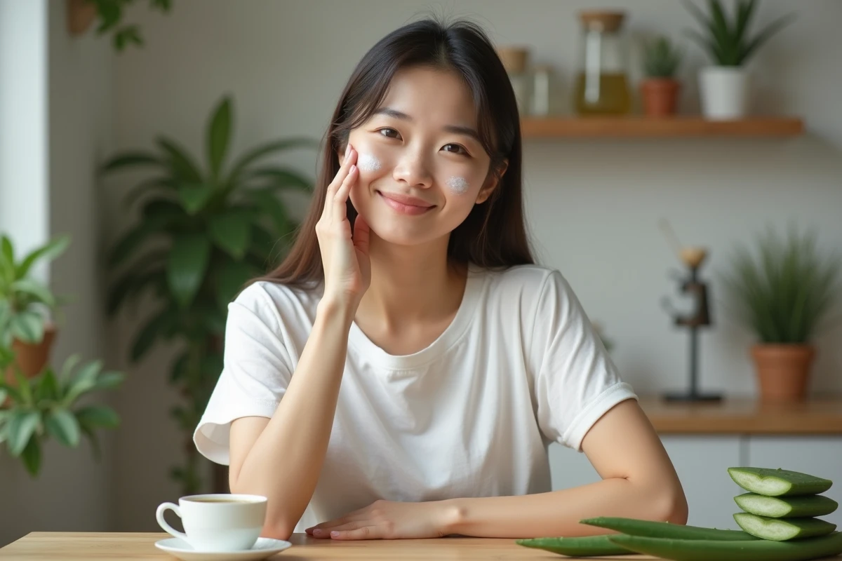 Jeune femme appliquant une creme naturelle sur le visage