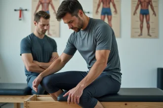 Sportif assis sur une table de kinésithérapie examinant sa hanche et sa cuisse, consulte pour une cruralgie liée à l'activité physique