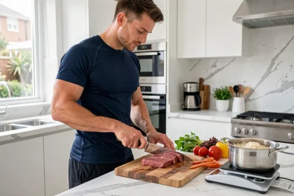 Sportif préparant un repas équilibré avec de la viande rouge maigre dans une cuisine moderne