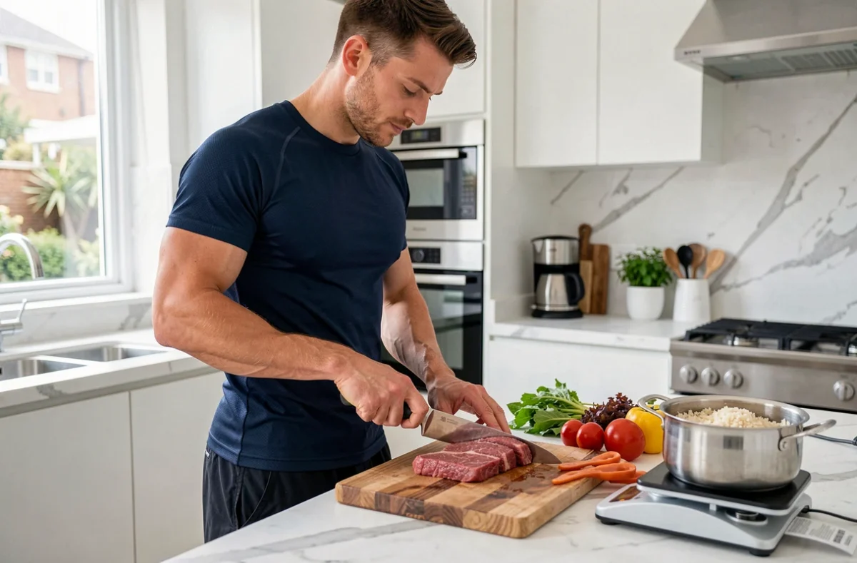 Sportif préparant un repas équilibré avec de la viande rouge maigre dans une cuisine moderne