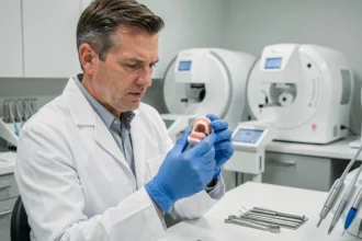 Technicien dentaire examinant une prothèse en résine Capdentaire dans un laboratoire dentaire numérique moderne