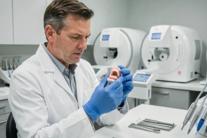 Technicien dentaire examinant une prothèse en résine Capdentaire dans un laboratoire dentaire numérique moderne