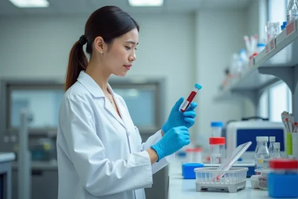 Technicienne de laboratoire m&eacute;dical &eacute;tiquetant un tube de prise de sang dans un laboratoire clinique moderne