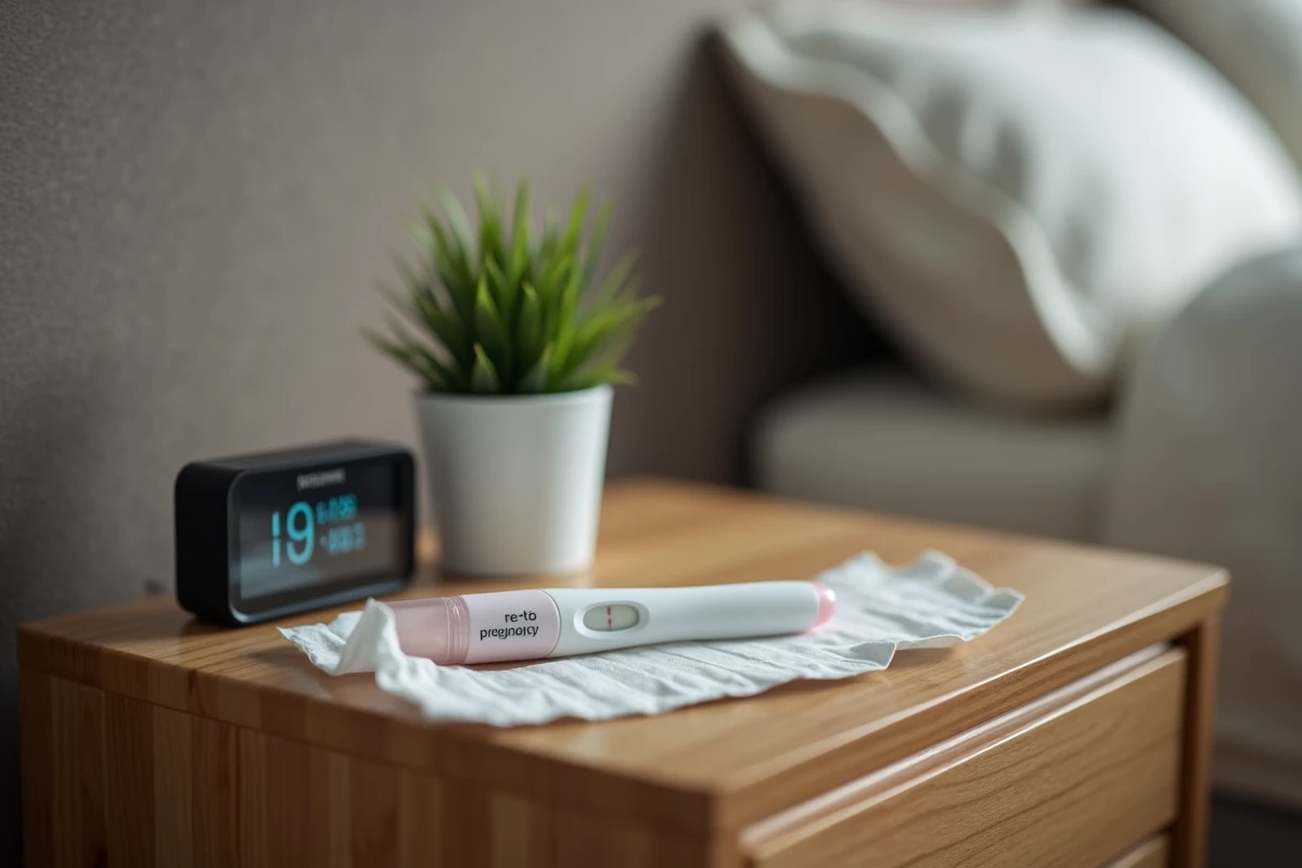 Test de grossesse n&eacute;gatif sur une table de nuit
