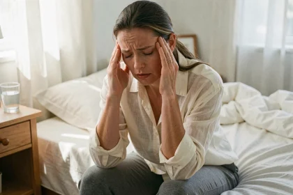 Femme assise sur son lit les mains sur les tempes, exprimant une sensation de tête lourde et de vertiges liés au stress